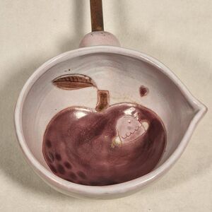 SIGNED Cloutier Apple Ladle Spouted Spoon Beautiful Ceramic Bowl Wood Handle
